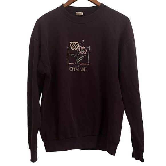 Cherokee Women’s Dark Purple Floral Vintage Crewneck Pullover Sweater Large USA - Picture 1 of 4